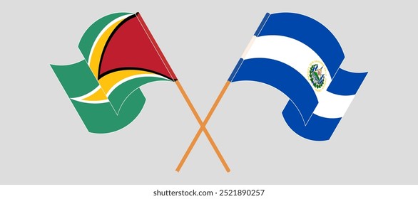 Crossed and waving flags of Guyana and Republic of El Salvador. Vector illustration.
