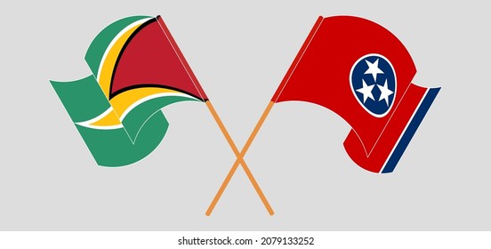 Crossed and waving flags of Guyana and The State of Tennessee. Vector illustration

