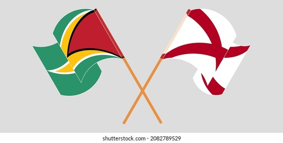 Crossed and waving flags of Guyana and The State of Alabama. Vector illustration
