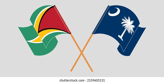 Crossed and waving flags of Guyana and The State of South Carolina. Vector illustration

