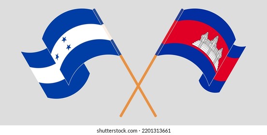 Crossed and waving flags of Honduras and Cambodia. Vector illustration
