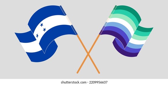 Crossed and waving flags of Honduras and gay men pride. Vector illustration
