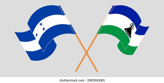 Crossed and waving flags of Honduras and Kingdom of Lesotho. Vector illustration

