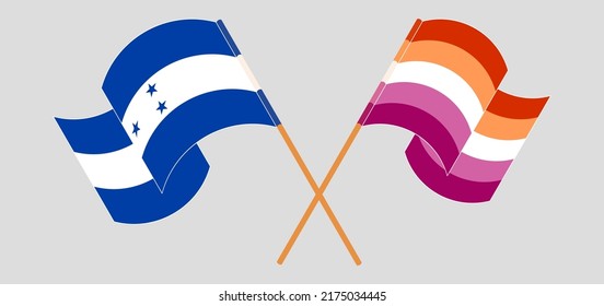 Crossed and waving flags of Honduras and Lesbian Pride