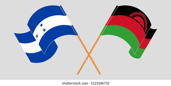 Crossed and waving flags of Honduras and Malawi. Vector illustration
