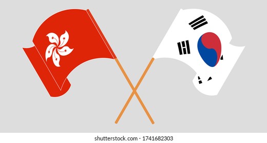 Crossed and waving flags of Hong Kong and South Korea