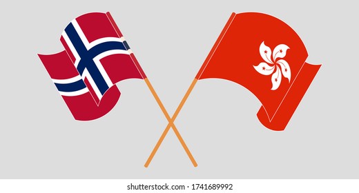 Crossed and waving flags of Hong Kong and Norway