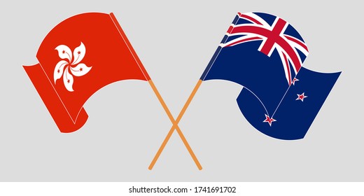 Crossed and waving flags of Hong Kong and New Zealand