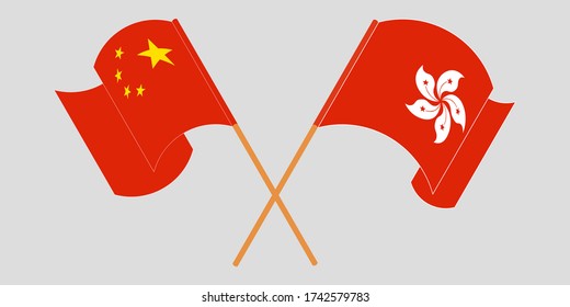 Crossed and waving flags of Hong Kong and China. Vector illustration