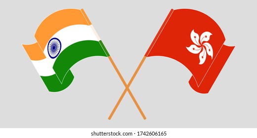 Crossed and waving flags of Hong Kong and India