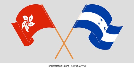 Banderas cruzadas y ondeando banderas de Hong Kong y Honduras