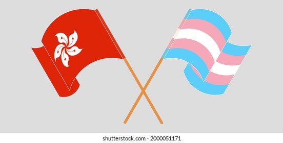 Crossed and waving flags of Hong Kong and Transgender Pride