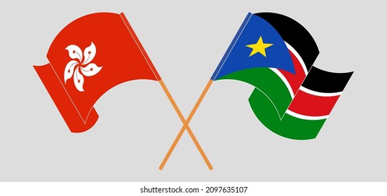 Crossed and waving flags of Hong Kong and South Sudan. Vector illustration
