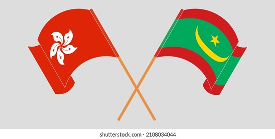 Crossed and waving flags of Hong Kong and Mauritania. Vector illustration
