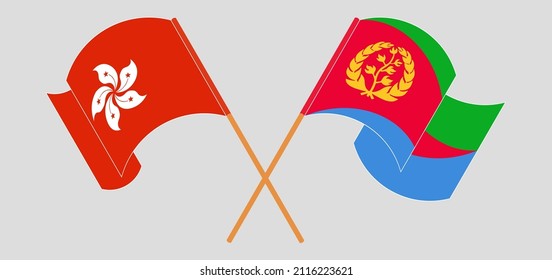 Crossed and waving flags of Hong Kong and Eritrea. Vector illustration
