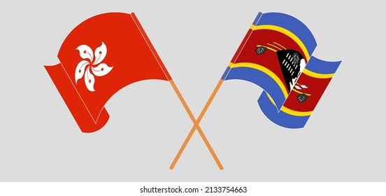 Crossed and waving flags of Hong Kong and Eswatini. Vector illustration
