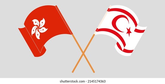 Crossed and waving flags of Hong Kong and Northern Cyprus. Vector illustration
