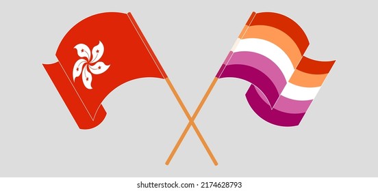 Crossed and waving flags of Hong Kong and Lesbian Pride. Vector illustration
