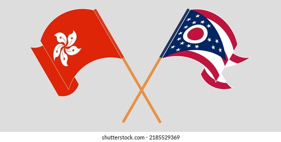 Crossed and waving flags of Hong Kong and the State of Ohio. Vector illustration
