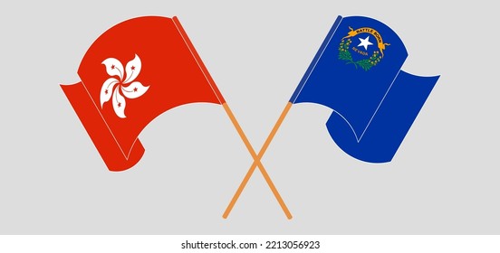Crossed and waving flags of Hong Kong and The State of Nevada. Vector illustration
