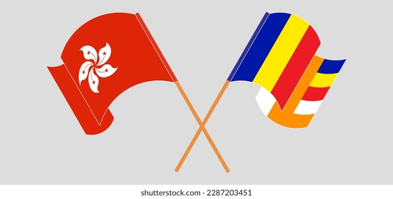 Cruzando y ondeando banderas de Hong Kong y Budismo. Ilustración del vector