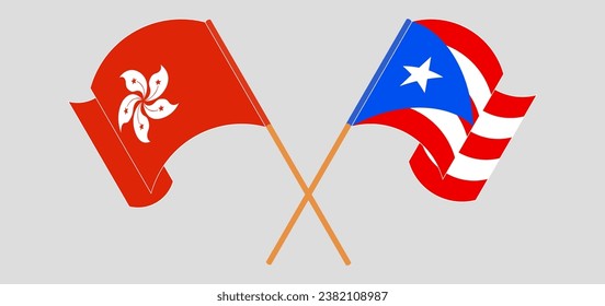 Crossed and waving flags of Hong Kong and Puerto Rico. Vector illustration
