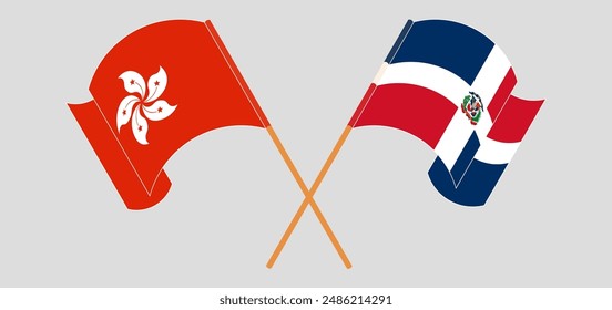 Crossed and waving flags of Hong Kong and Dominican Republic. Vector illustration
