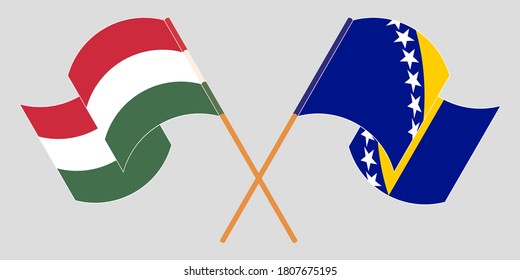 Crossed and waving flags of Hungary and Bosnia and Herzegovina