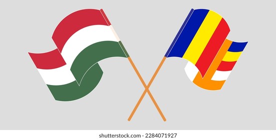 Crossed and waving flags of Hungary and Buddhism. Vector illustration