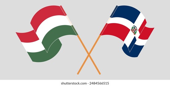 Crossed and waving flags of Hungary and Dominican Republic. Vector illustration
