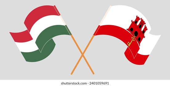 Crossed and waving flags of Hungary and Gibraltar. Vector illustration
