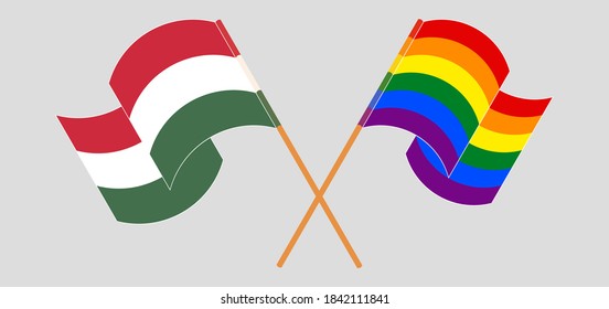 Crossed and waving flags of Hungary and LGBTQ