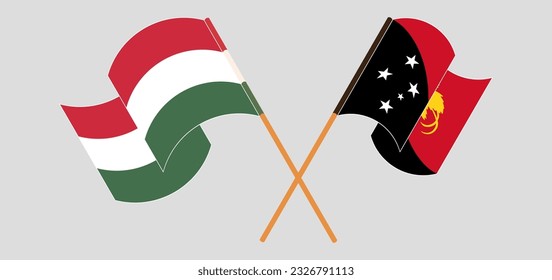 Crossed and waving flags of Hungary and Papua New Guinea. Vector illustration
