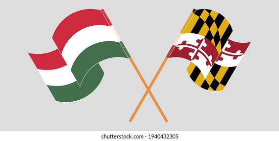 Crossed and waving flags of Hungary and the State of Maryland