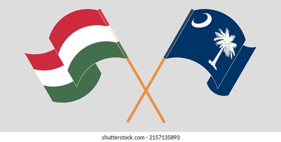 Überquerte und wehende Flaggen von Ungarn und dem Staat South Carolina. Vektorgrafik
