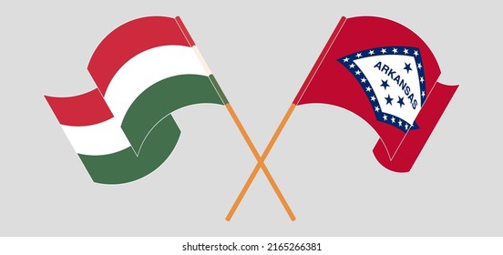 Cruzando y ondeando banderas de Hungría y el estado de Arkansas. Ilustración del vector
