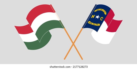 Crossed and waving flags of Hungary and The State of North Carolina. Vector illustration
