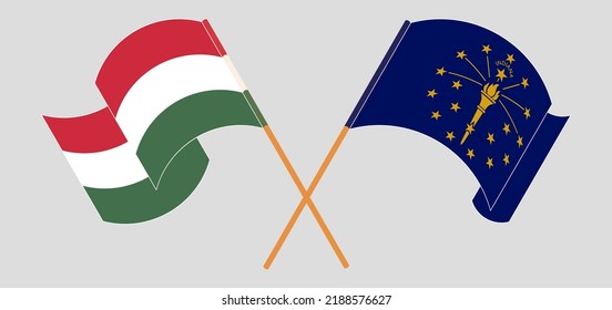 Cruzando y ondeando banderas de Hungría y el estado de Indiana. Ilustración del vector
