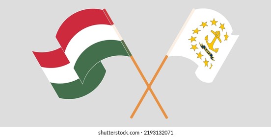 Crossed and waving flags of Hungary and the State of Rhode Island. Vector illustration
