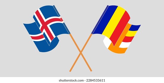 Crossed and waving flags of Iceland and Buddhism. Vector illustration

