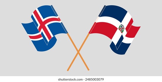 Crossed and waving flags of Iceland and Dominican Republic. Vector illustration
