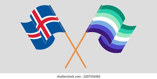 Crossed and waving flags of Iceland and gay men pride. Vector illustration

