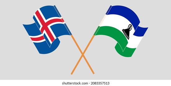 Crossed And Waving Flags Of Iceland And Kingdom Of Lesotho. Vector Illustration
