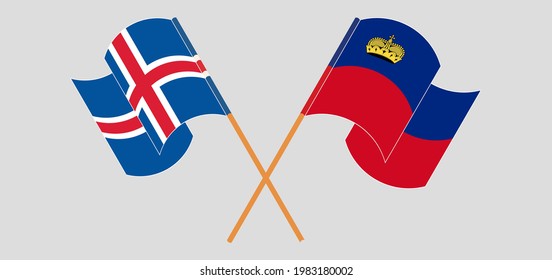 Crossed and waving flags of Iceland and Liechtenstein