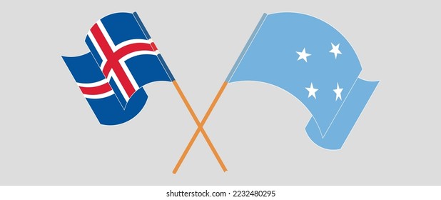 Crossed and waving flags of Iceland and Micronesia. Vector illustration
