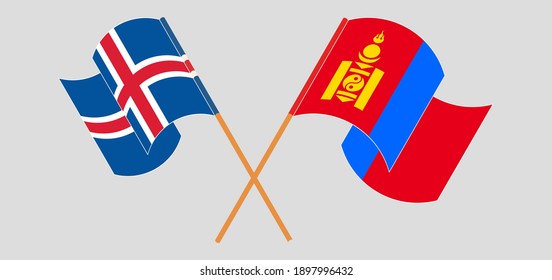 Crossed and waving flags of Iceland and Mongolia