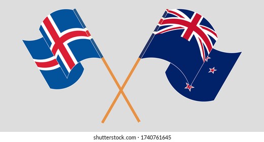 Crossed and waving flags of Iceland and New Zealand