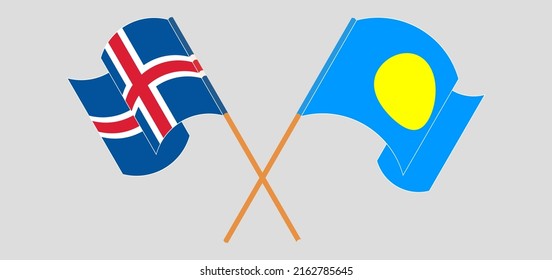 Crossed and waving flags of Iceland and Palau. Vector illustration
