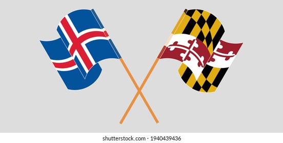 Crossed and waving flags of Iceland and the State of Maryland