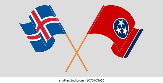 Crossed and waving flags of Iceland and The State of Tennessee. Vector illustration
